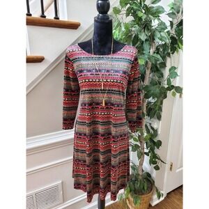 Signature Womens Multicolor Polyester Round Neck Long Sleeve Knee Length Dress M